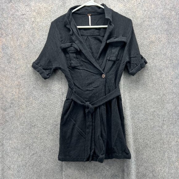 Free People Romper Women XS Black Short Sleeve Belted Jumpsuit Extra Small Linen - Picture 1 of 9